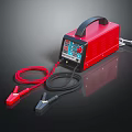 Red Car Battery Charger With Digital Display Black Handle And Cables With Clamps