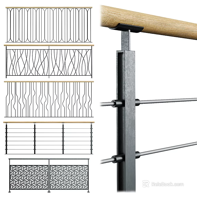 Different Railing Patterns And Cable Railing With Metal Post 3d model 