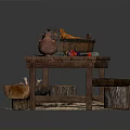 Rustic Wooden Table With Bench Bucket Lantern And Clay Pot Arrangement