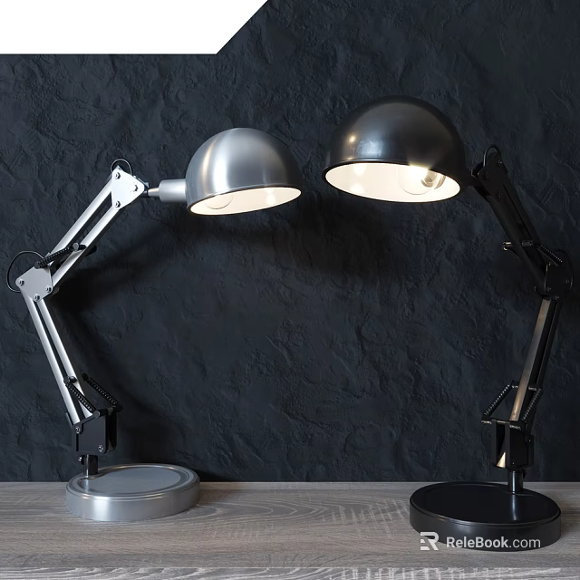 Silver And Black Metal Desk Lamps With Adjustable Arms On Dark Wall Wooden Tabletop 3d model 