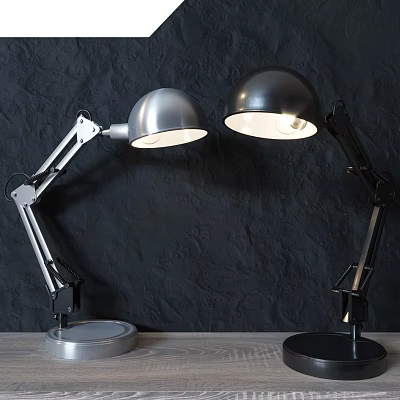 Silver And Black Metal Desk Lamps With Adjustable Arms On Dark Wall Wooden Tabletop 3d model