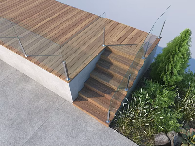 Park corner scene glass river blocking glass handrail wood floor wood ladder wood steps 3d model