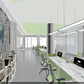 Modern Open Public Office Space With White Desks Green Chairs Bookshelves And Pendant Lights
