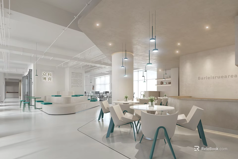 Modern Public Office Space With Open Layout White Tables Chairs Green Accents Pendant Lights 3d model 