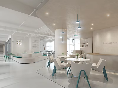 Modern Public Office Space With Open Layout White Tables Chairs Green Accents Pendant Lights 3d model