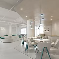Modern Public Office Space With Open Layout White Tables Chairs Green Accents Pendant Lights