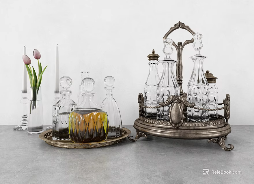 Elegant Glass Wine Decanters and Glasses on Silver Metal Tray with Decorative Vase and Candles 3d model 