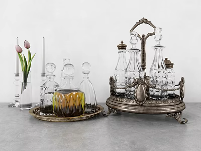 Elegant Glass Wine Decanters and Glasses on Silver Metal Tray with Decorative Vase and Candles 3d model