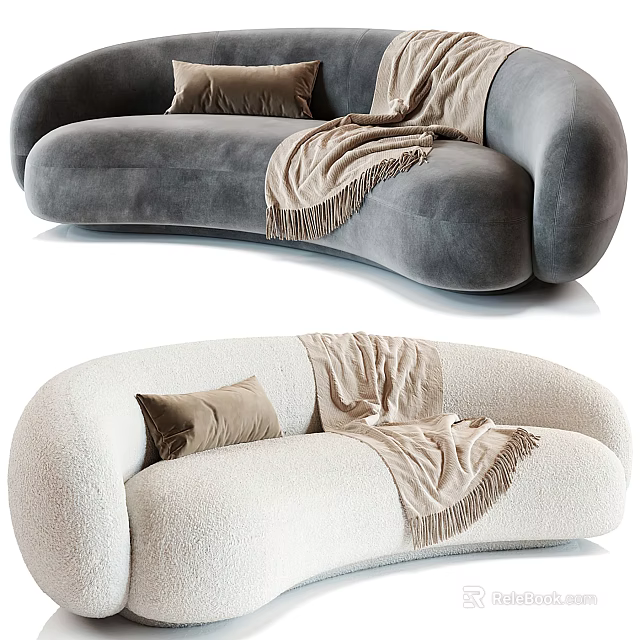 Curved Sectional Sofa in Gray Velvet and Ivory Shearling with Fringed Throw Blanket and Pillows 3d model 