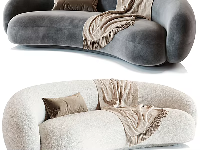 Curved Sectional Sofa in Gray Velvet and Ivory Shearling with Fringed Throw Blanket and Pillows 3d model