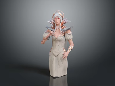 Elegant Woman In Light Colored Dress With Wing Like Decorations And White Hair 3d model