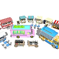 Colorful Garden Decorative Ornaments With Food Carts Ice Cream Truck And Market Stalls
