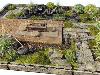 Lush Microtopography Design With Stone Path Wooden Deck And Mossy Ground 3d model