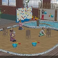Children's Play Area With Sand Pit Climbing Wall Blue Buckets Shovels And Kids Playing