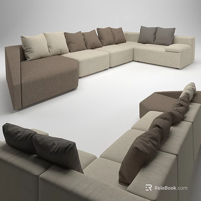 Modern Comfortable Sectional Sofa With Beige Brown Cushions And L Shape 3d model