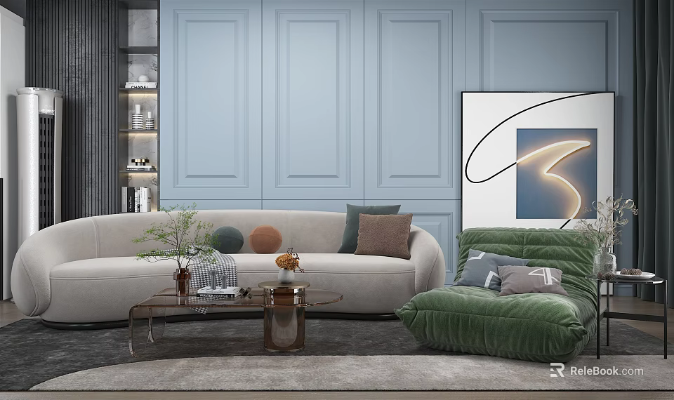 Beige Sofa and Coffee Table Set with Green Armchair Light Blue Walls and Artwork Decor 3d model 
