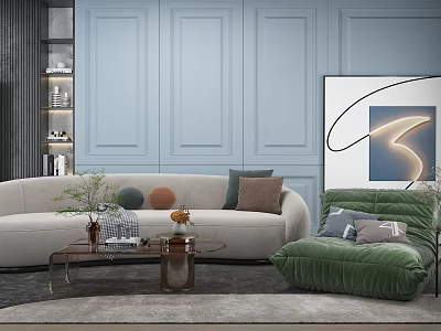 Beige Sofa and Coffee Table Set with Green Armchair Light Blue Walls and Artwork Decor 3d model