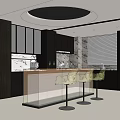 Modern Open Restaurant Kitchen Interior With Transparent Chairs Marble Backsplash Pendant Light And Black Cabinets