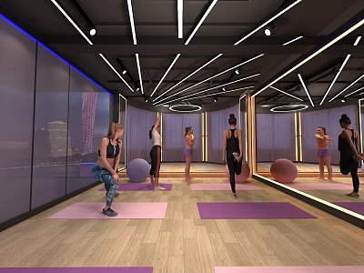 People Practicing Yoga In Modern Fitness Studio With Yoga Mats And Exercise Balls 3d model
