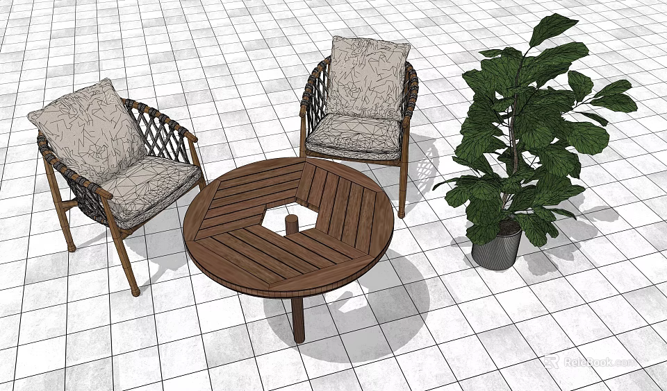 Outdoor Patio Leisure Chairs With Wooden Frame Light Cushions Round Table And Large Plant 3d model 
