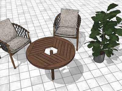 Outdoor Patio Leisure Chairs With Wooden Frame Light Cushions Round Table And Large Plant 3d model