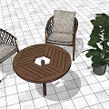 Outdoor Patio Leisure Chairs With Wooden Frame Light Cushions Round Table And Large Plant