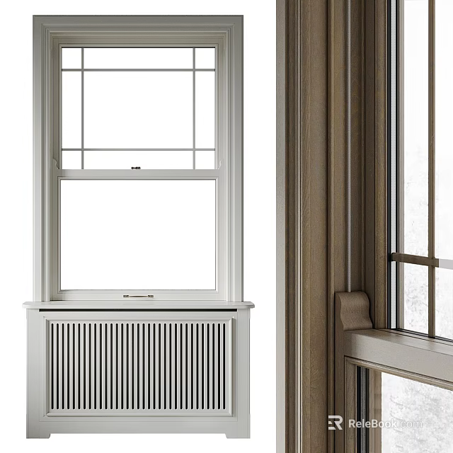 White Grid Window With Radiator And Wooden Frame Interior Snowy View 3d model 