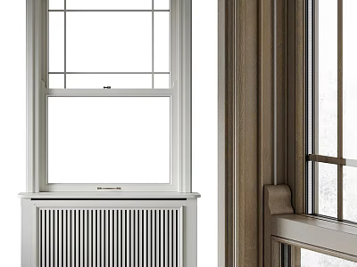 White Grid Window With Radiator And Wooden Frame Interior Snowy View 3d model