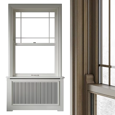 White Grid Window With Radiator And Wooden Frame Interior Snowy View 3d model