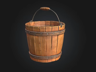 Rustic Wooden Bucket With Wooden Handle And Metal Hoops On Black Background 3d model