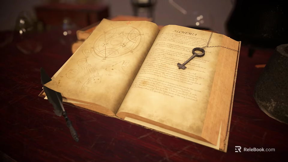 Open Vintage Book With Yellowed Pages Legends Text Key And Feather Quill On Wooden Table 3d model 
