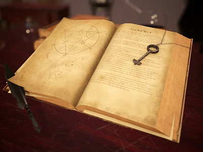 Open Vintage Book With Yellowed Pages Legends Text Key And Feather Quill On Wooden Table 3d model