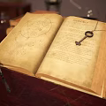 Open Vintage Book With Yellowed Pages Legends Text Key And Feather Quill On Wooden Table