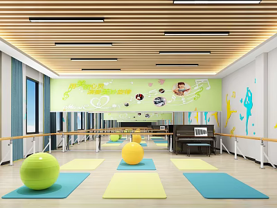 Fitness Studio With Yoga Mats Fitness Balls Barres And Colorful Wall Decorations 3d model