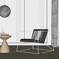 Elegant Leisure Chair With Gray Striped Wall Moon Shaped Pendant Light Side Table Decorative Items And Soft Rug