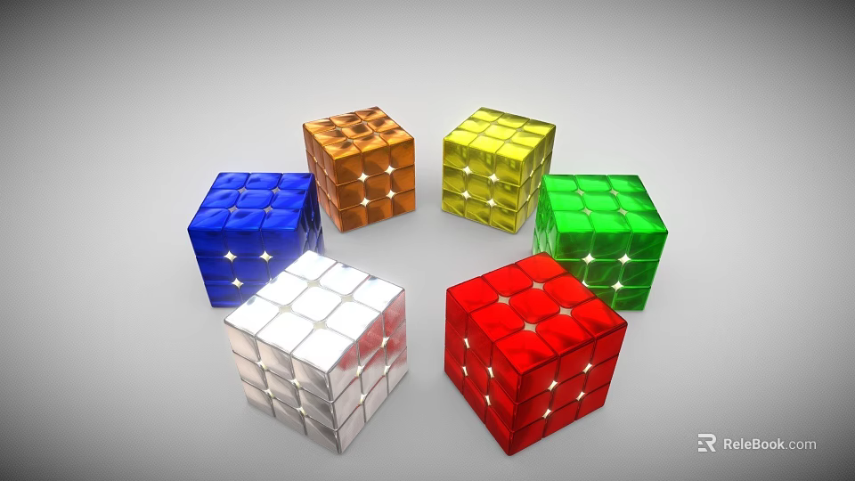 Colorful Shiny Rubik's Cubes in Blue Orange Yellow Green Silver Red Circular Arrangement 3d model 