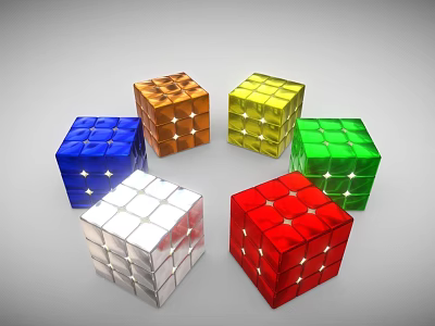 Colorful Shiny Rubik's Cubes in Blue Orange Yellow Green Silver Red Circular Arrangement 3d model