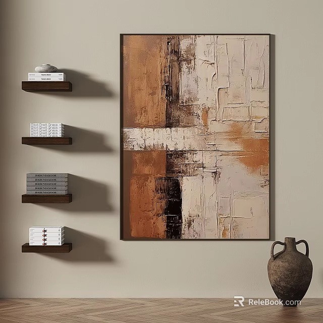 Modern Textured Abstract Painting With Brown Beige White Black Wall Art 3d model 