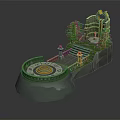 Cartoon Scene With Circular Spiral Platform Steps Golden Statues Pine Trees On Rock Base Tower