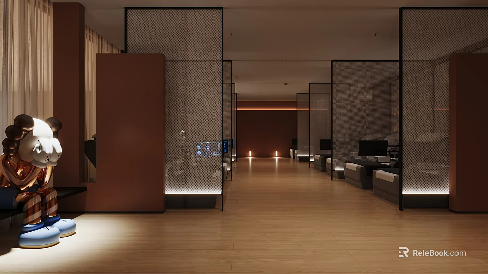 Modern Style SPA Sauna Room with Brown Partitions Wooden Flooring Lighting and Relaxation Area 3d model 