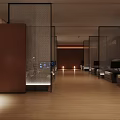 Modern Style SPA Sauna Room with Brown Partitions Wooden Flooring Lighting and Relaxation Area