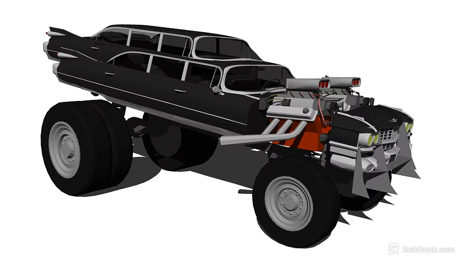 Black Modified Monster Truck With Large Wheels Exposed Engine Red Accents 3d model 