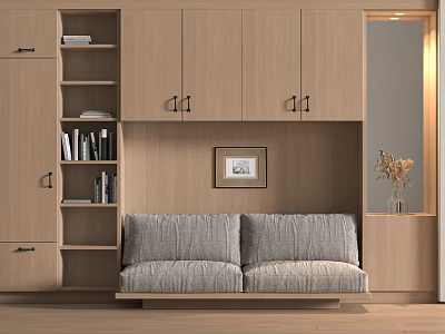 Gray Double Sofa in Modern Minimalist Interior with Wooden Cabinets Bookshelf Wall Art and Dried Flowers 3d model