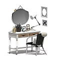 Elegant Dressing Table Interior With Round Mirror Table Lamp Chair And Drawers