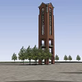 Tall Brick Clock Tower With Classic Design And Surrounded by Trees On Plaza Ground