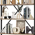 Stylish Modern Decorative Ornaments Set on Display Shelf with Books Vases Geometric Sculptures And Clock