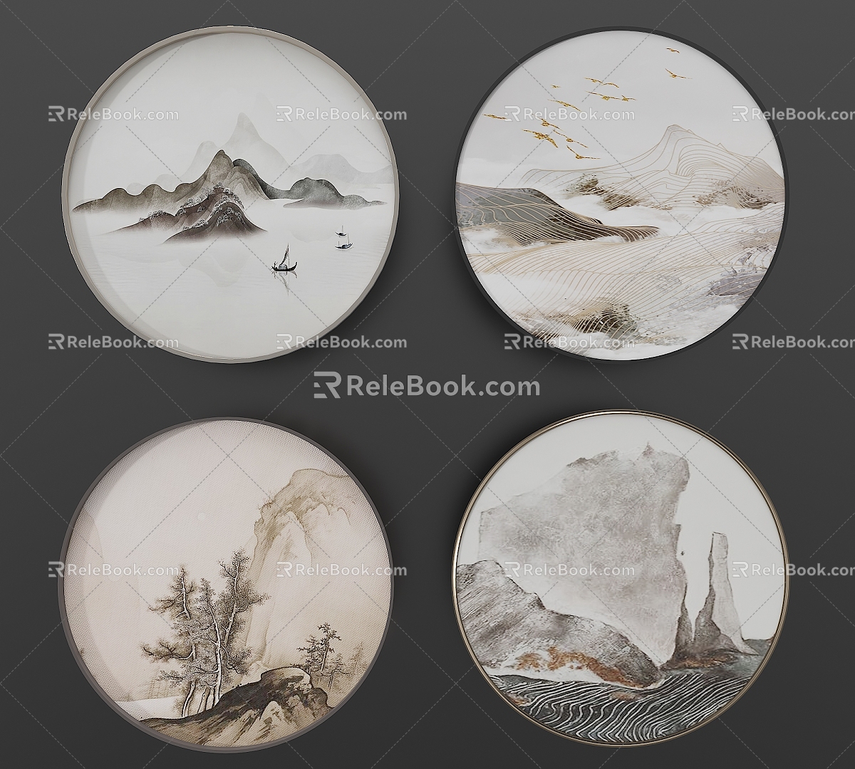 Chinese Landscape Artistic Conception Round Frame Painting Decorative Painting 3d model