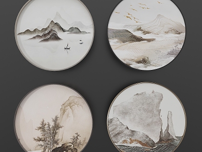 Chinese Landscape Artistic Conception Round Frame Painting Decorative Painting 3d model