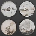 Chinese Landscape Artistic Conception Round Frame Painting Decorative Painting 3d model