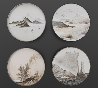 Chinese Landscape Artistic Conception Round Frame Painting Decorative Painting 3d model